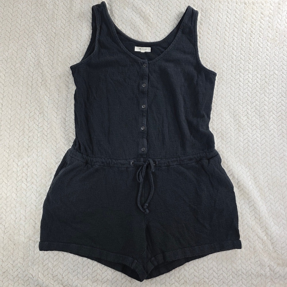Madewell Women Small Black Textured Cotton Button Front‎ Romper Waffle Knit